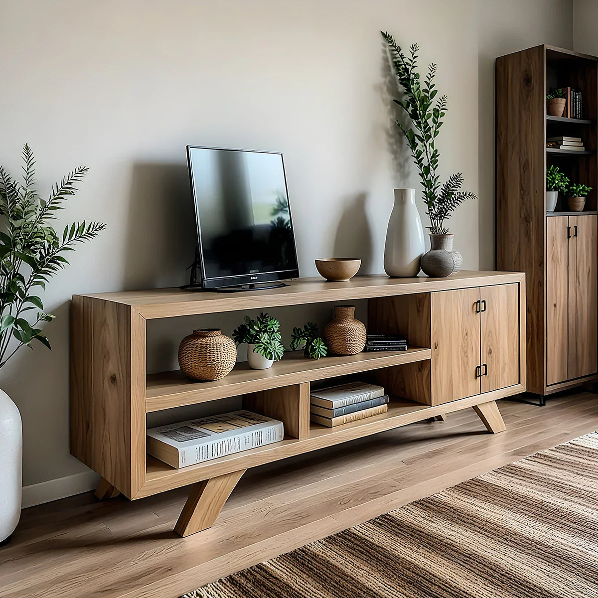 Solid Wood Media Console with Open Shelving and Minimalist Form