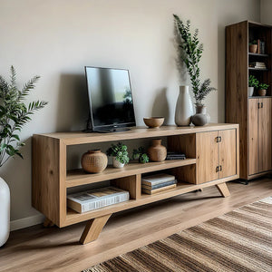 Solid Wood Media Console with Open Shelving and Minimalist Form