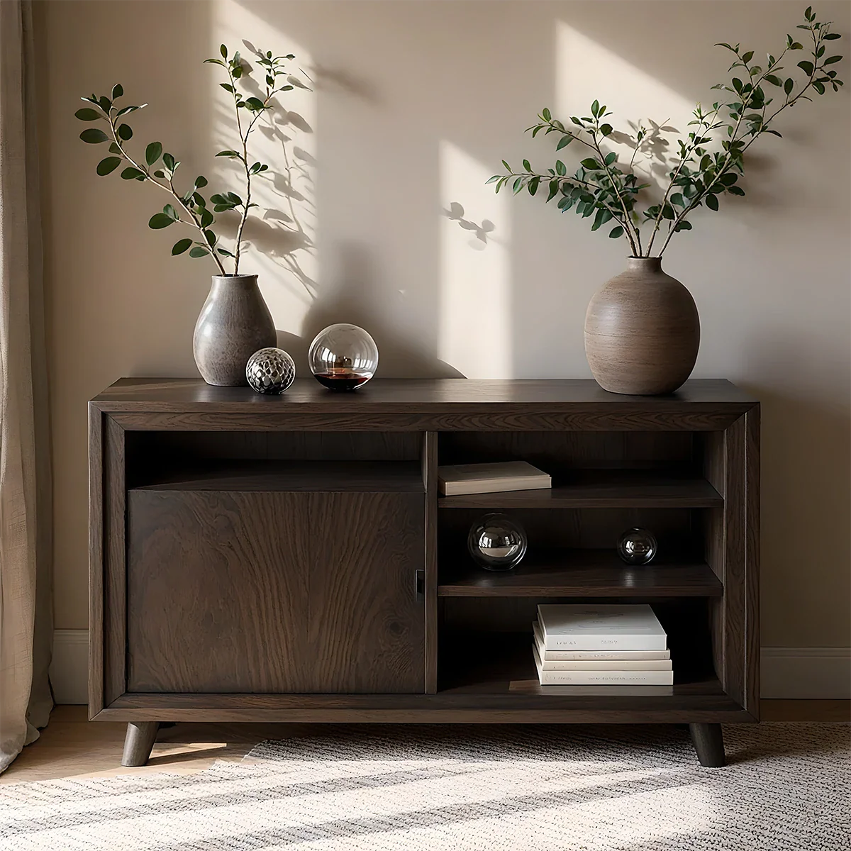 Dark Solid Wood Sideboard with Open Shelving for Modern Interiors