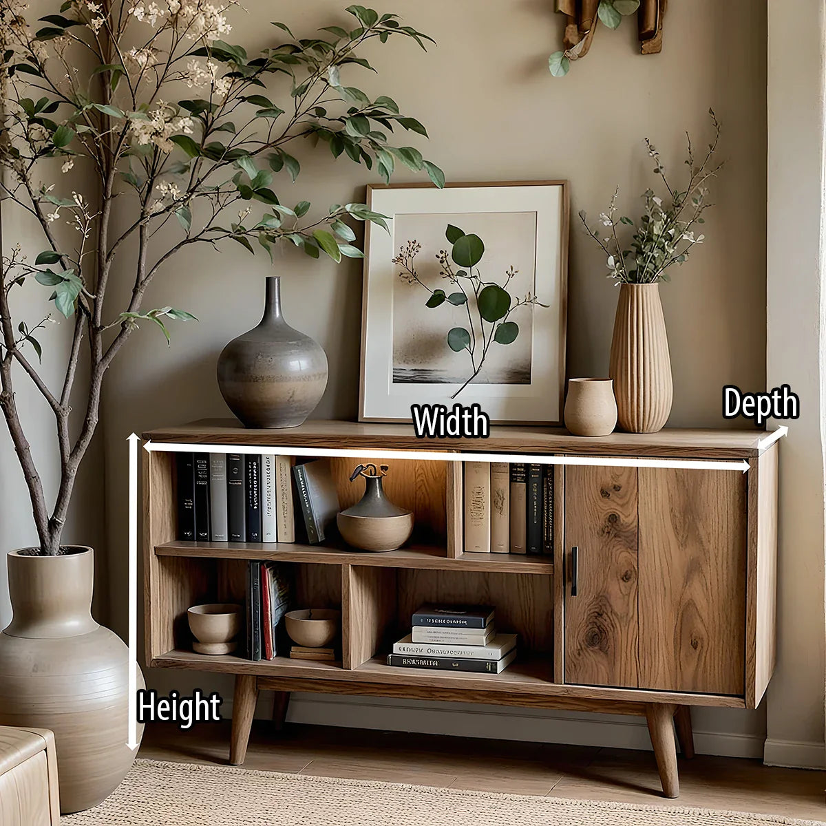 Solid Wood Storage Cabinet with Open Cubby Shelves for Organic Modern Spaces