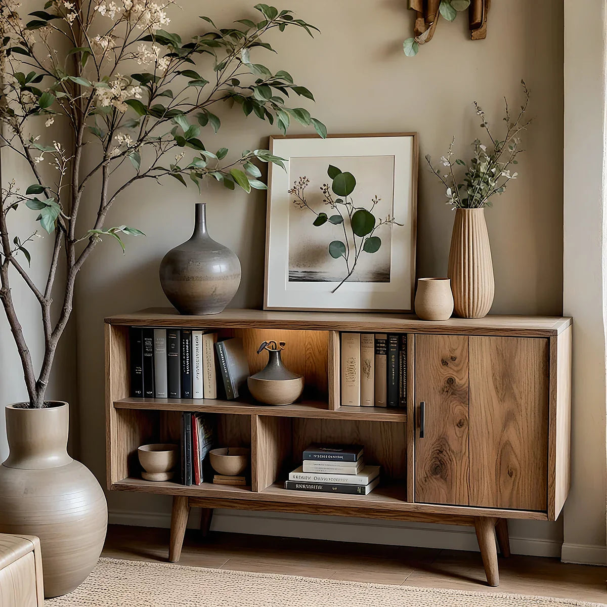 Solid Wood Storage Cabinet with Open Cubby Shelves for Organic Modern Spaces