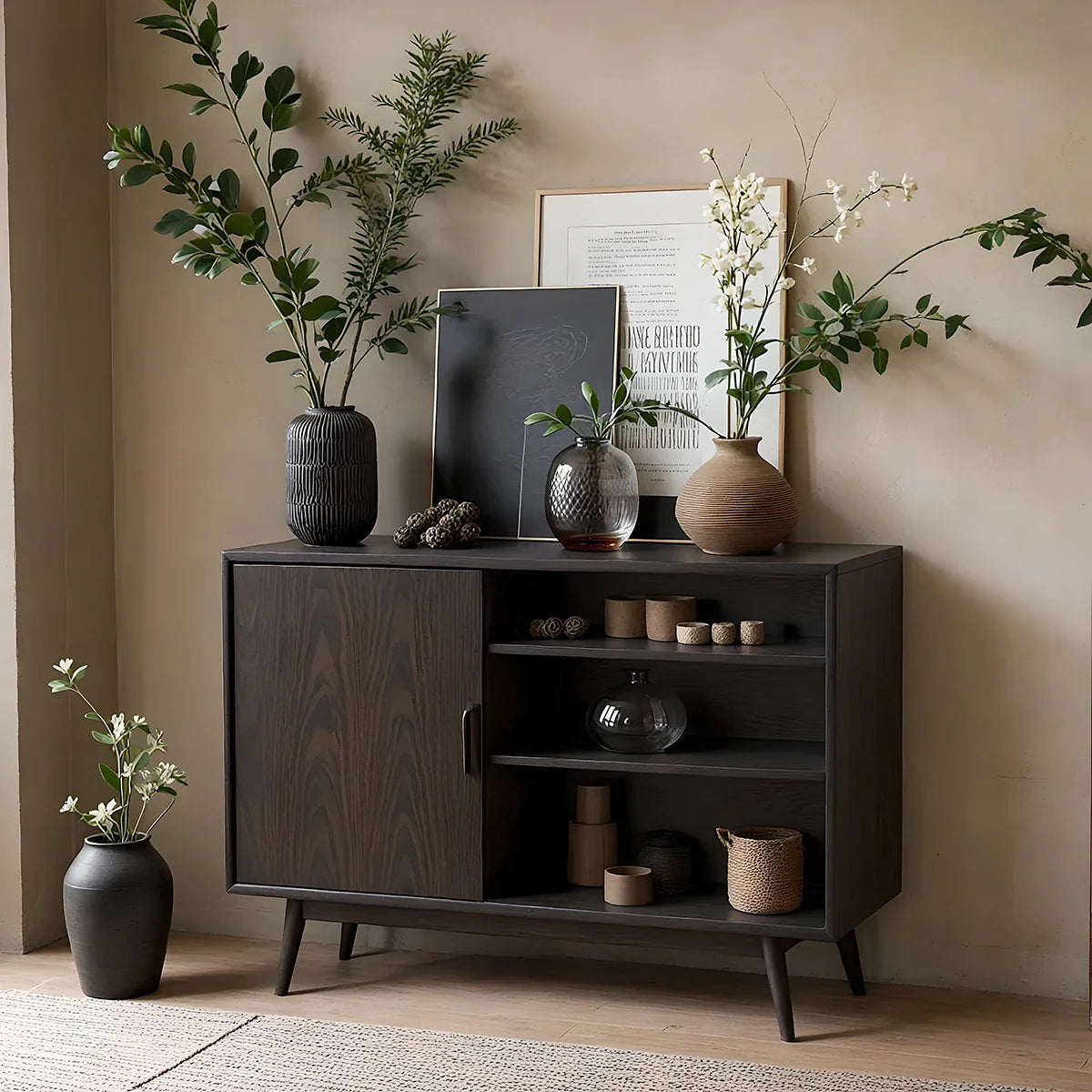 Dark Solid Wood Storage Cabinet with Open Shelving for Modern Interiors