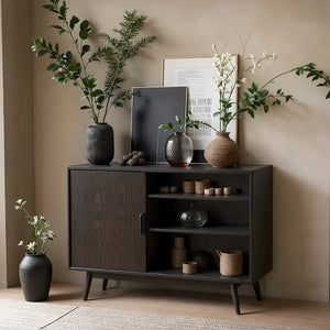 Dark Solid Wood Storage Cabinet with Open Shelving for Modern Interiors