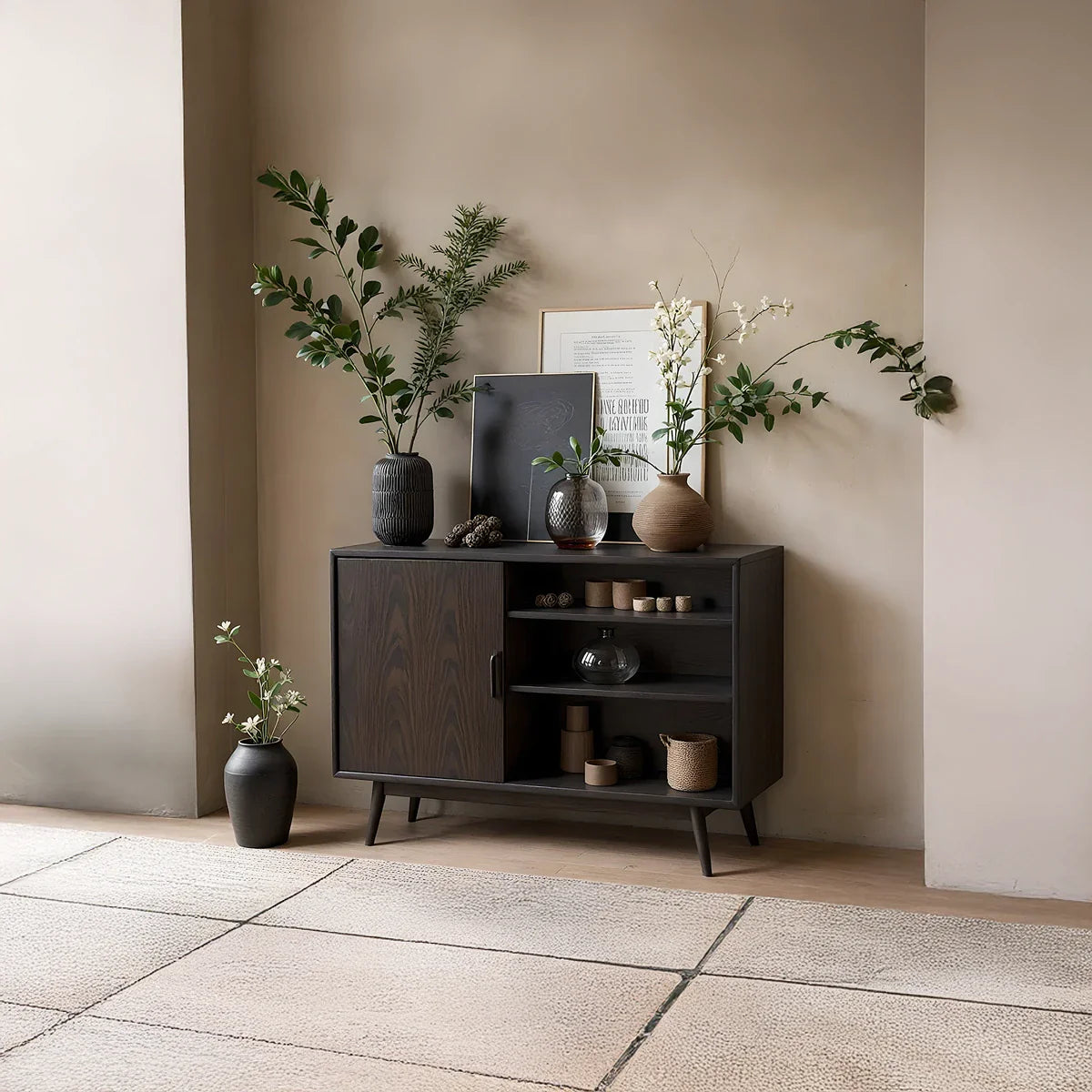 Dark Solid Wood Storage Cabinet with Open Shelving for Modern Interiors