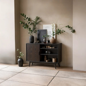 Dark Solid Wood Storage Cabinet with Open Shelving for Modern Interiors