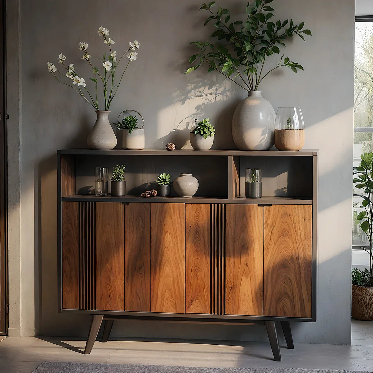 Solid Wood Sideboard Cabinet with Slatted Doors and Modern Storage