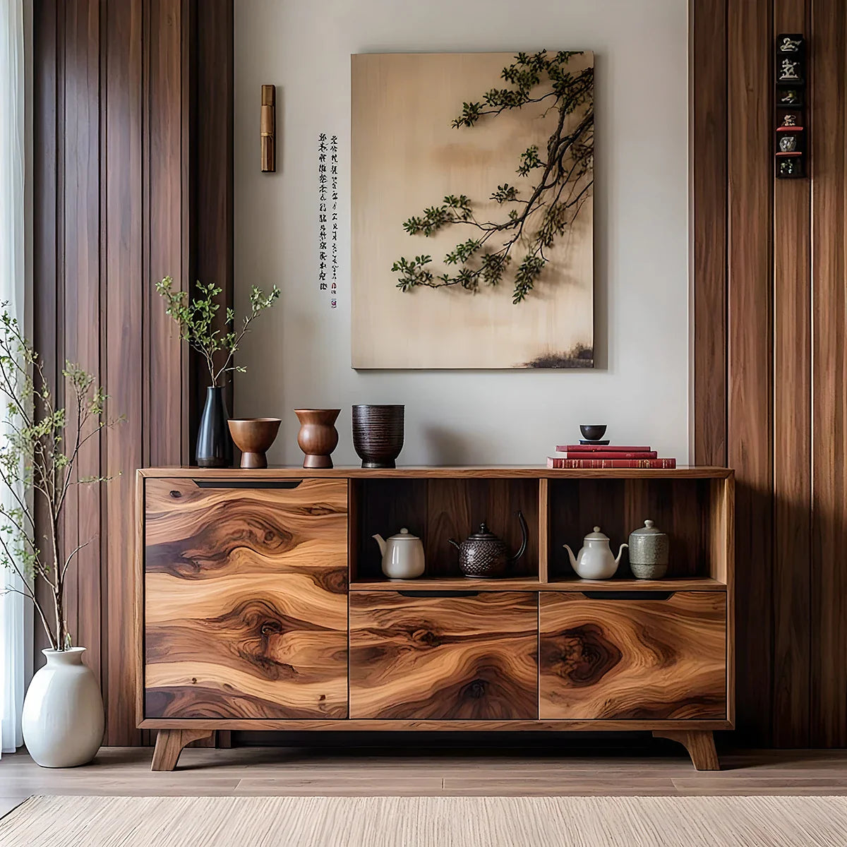 Solid Wood Storage Sideboard with Sculptural Grain for Modern Interiors