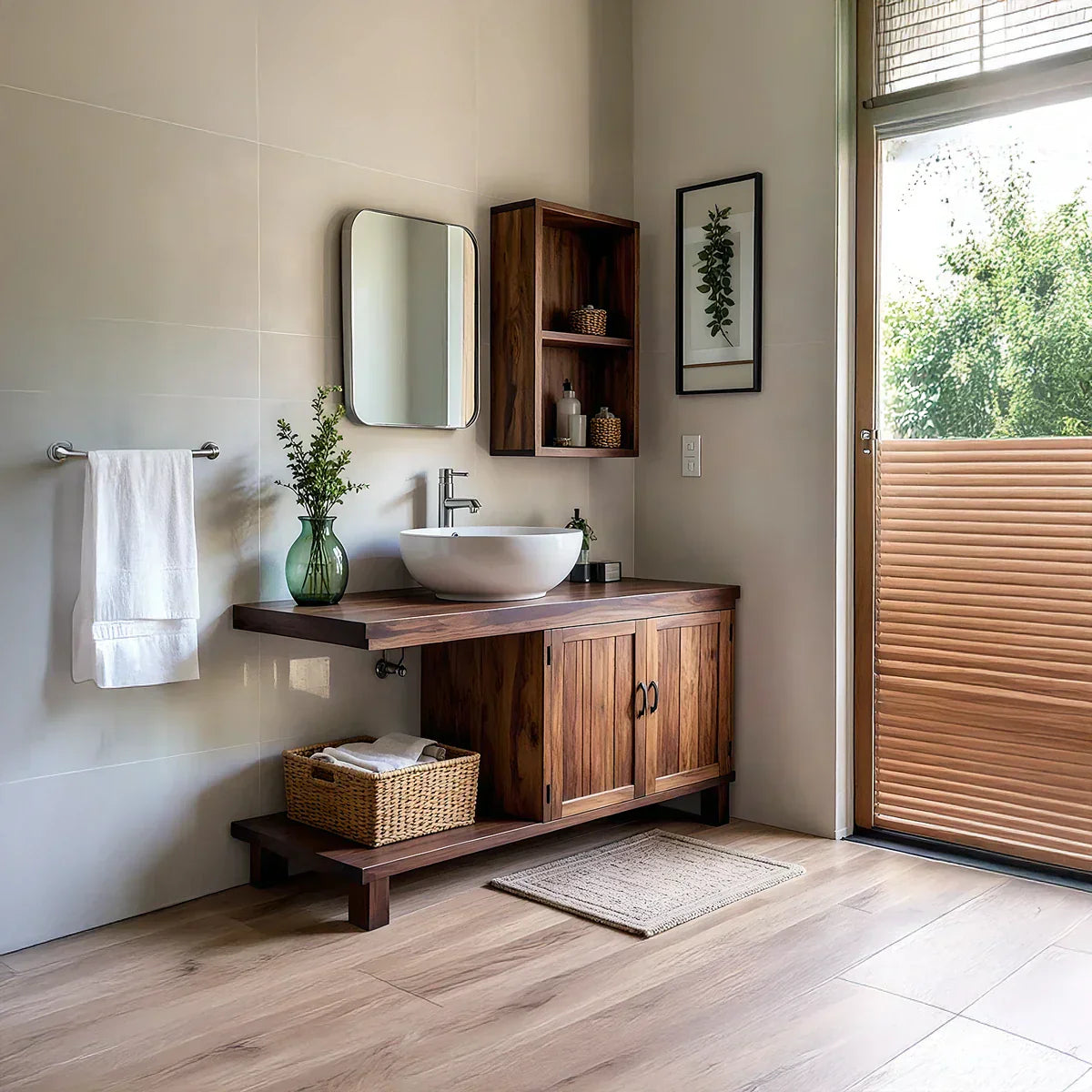 Organic Solid Wood Vanity with Extended Counter for a Calm Bathroom