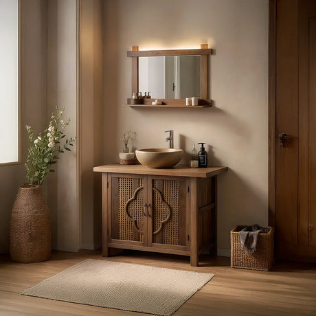 Natural Wood Bathroom Vanity with Woven Doors for Zen-Inspired Bathrooms