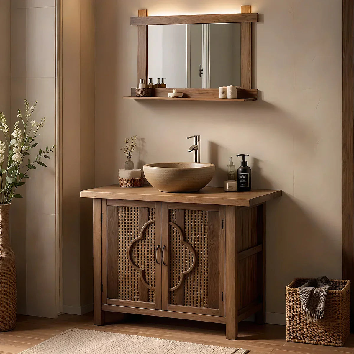 Natural Wood Bathroom Vanity with Woven Doors for Zen-Inspired Bathrooms