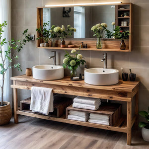 Solid Wood Bathroom Vanity with Open Shelf Storage