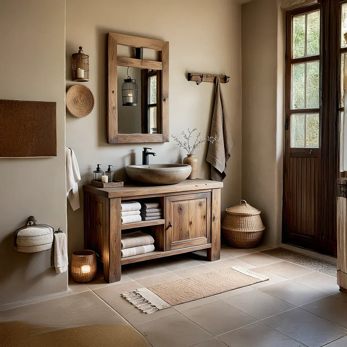 Solid Wood Bathroom Vanity and Open Towel Storage