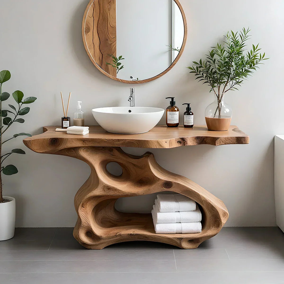 Sculptural Solid Wood Bathroom Vanity with Organic Open Storage