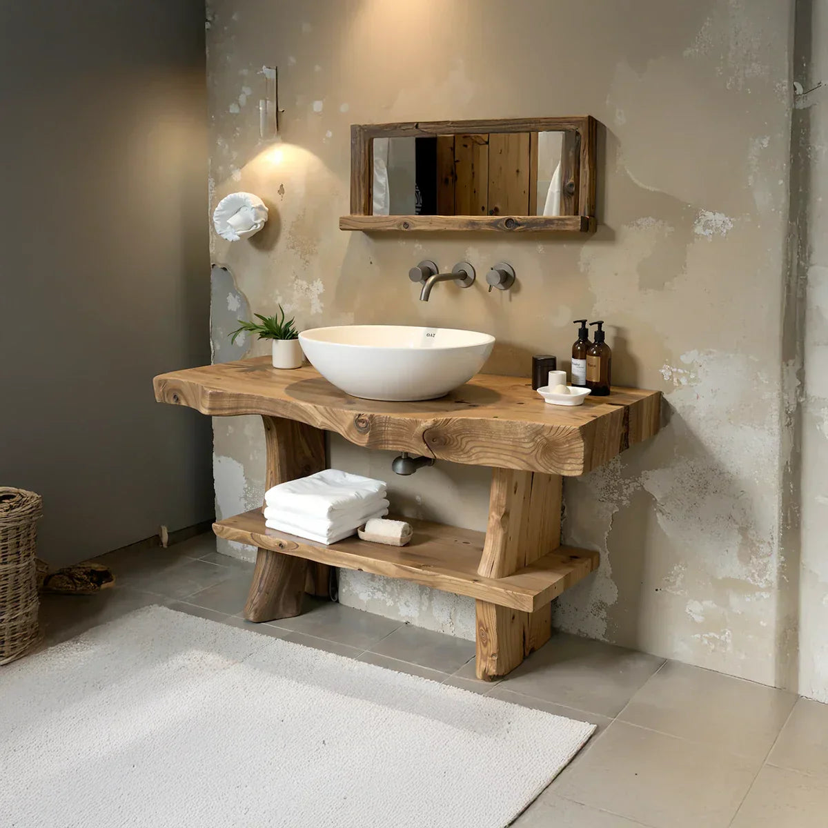 Live-Edge Solid-Wood Vanity with Shelf for Spa Bathrooms