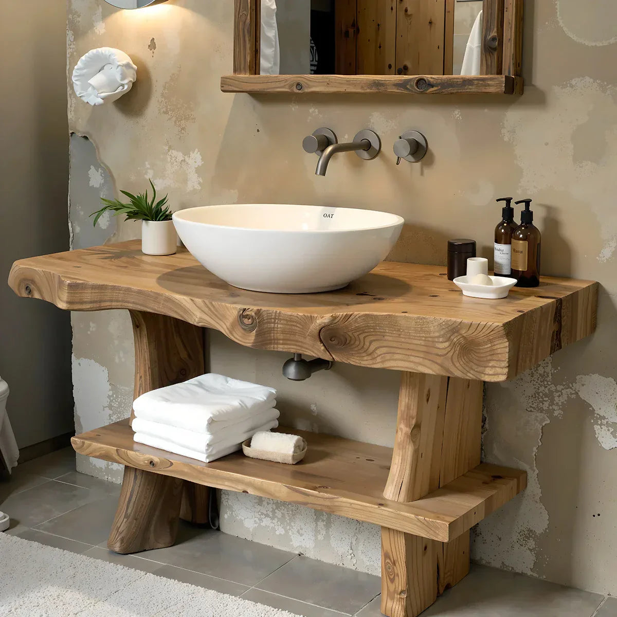 Live-Edge Solid-Wood Vanity with Shelf for Spa Bathrooms