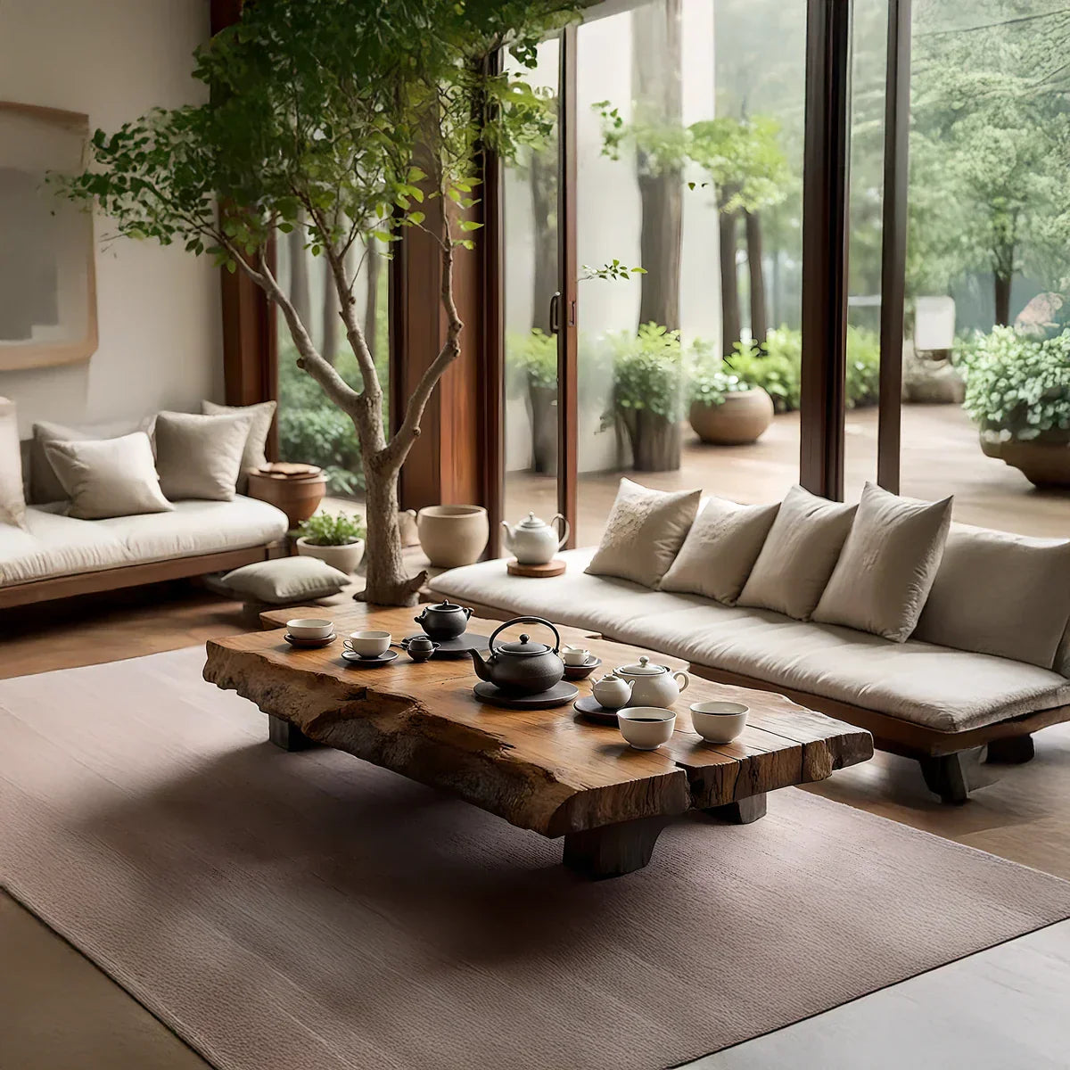 Live-Edge Solid-Wood Tea Table for Indoor–Outdoor Lounges