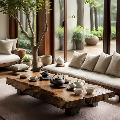 Live-Edge Solid-Wood Tea Table for Indoor–Outdoor Lounges