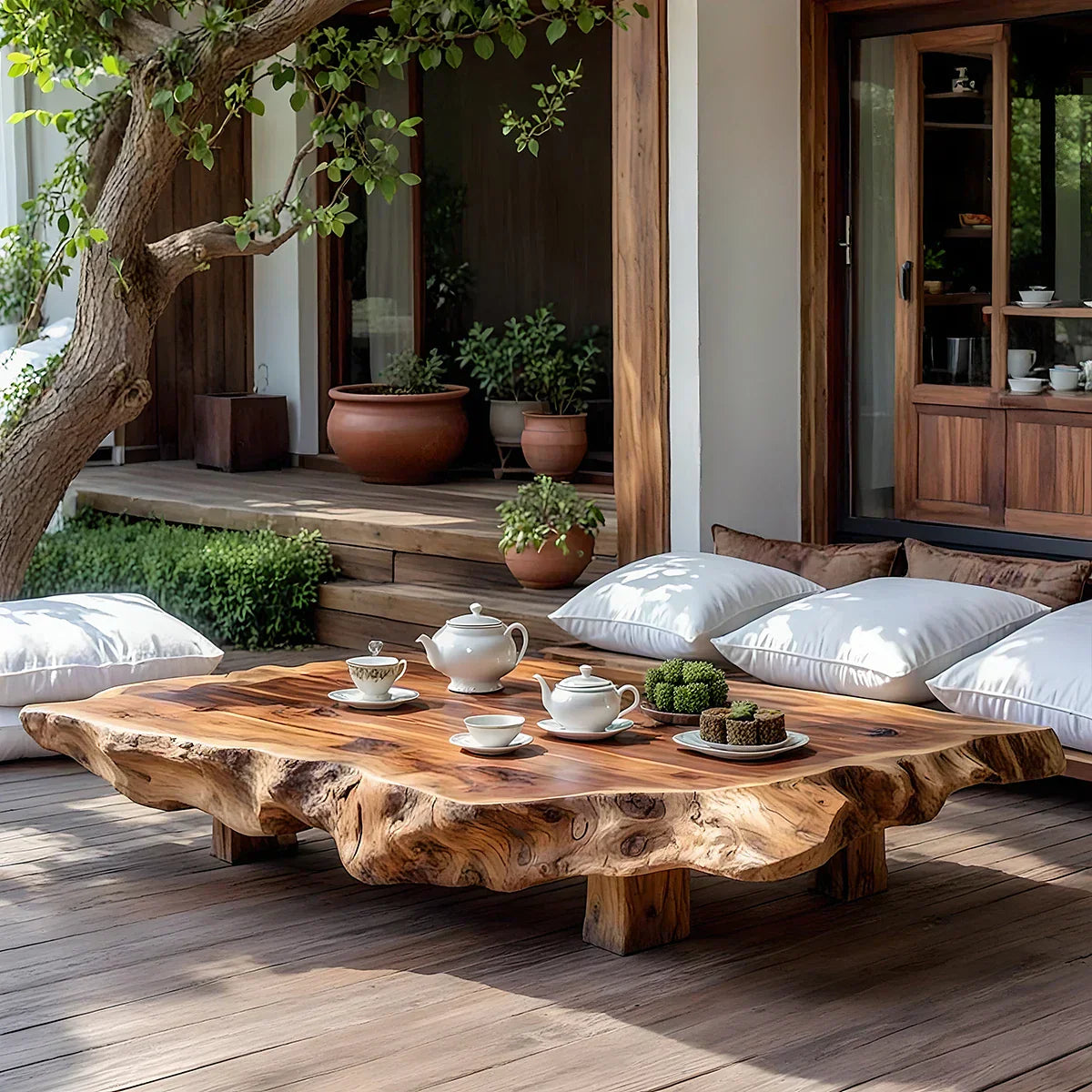 Live-Edge Solid-Wood Outdoor Tea Table for Garden Decks