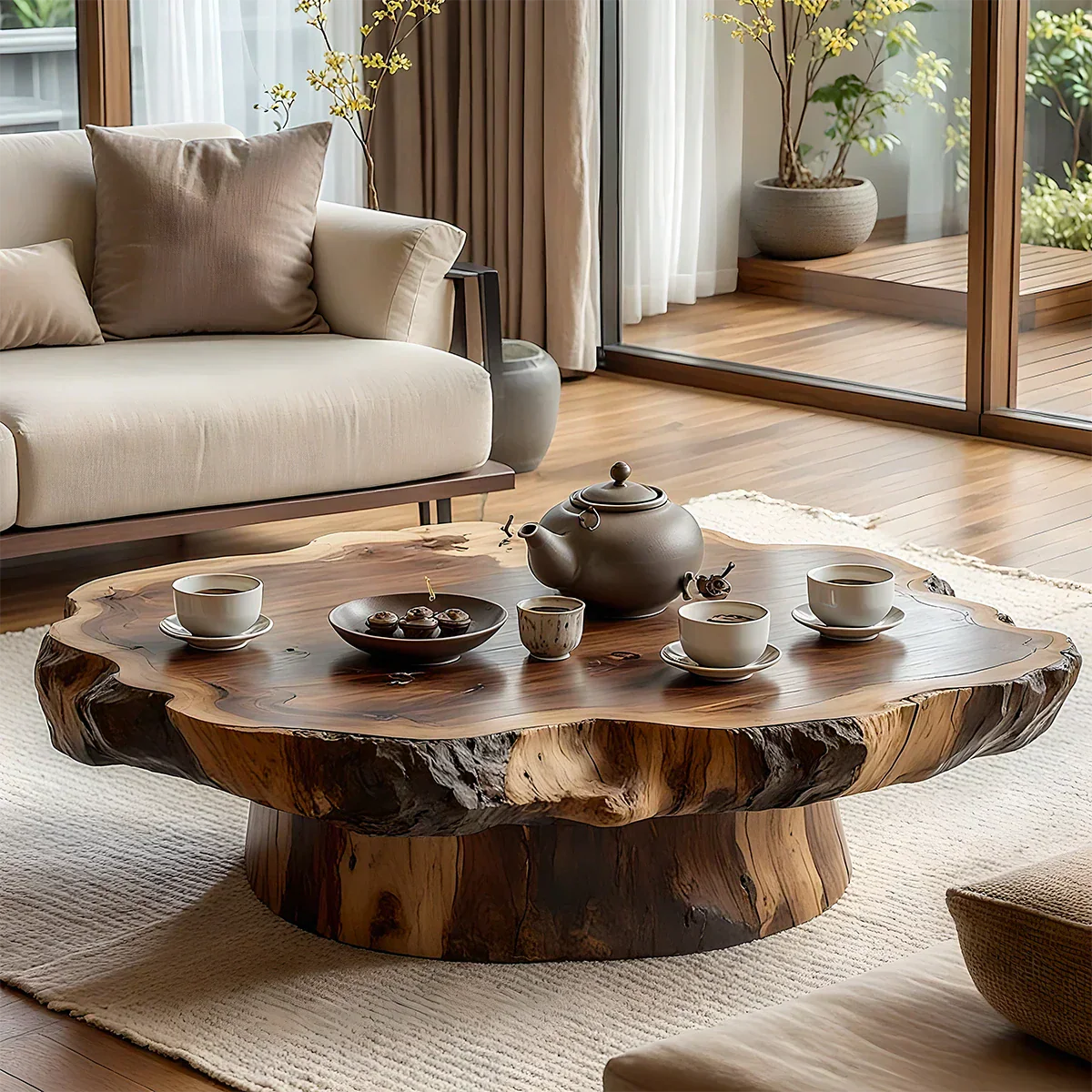 Round Solid-Wood Coffee Table with Organic Live Edge for Living Rooms