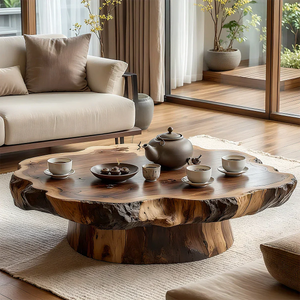 Round Solid-Wood Coffee Table with Organic Live Edge for Living Rooms