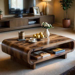 Rounded Solid-Wood Coffee Table with Shelf Storage