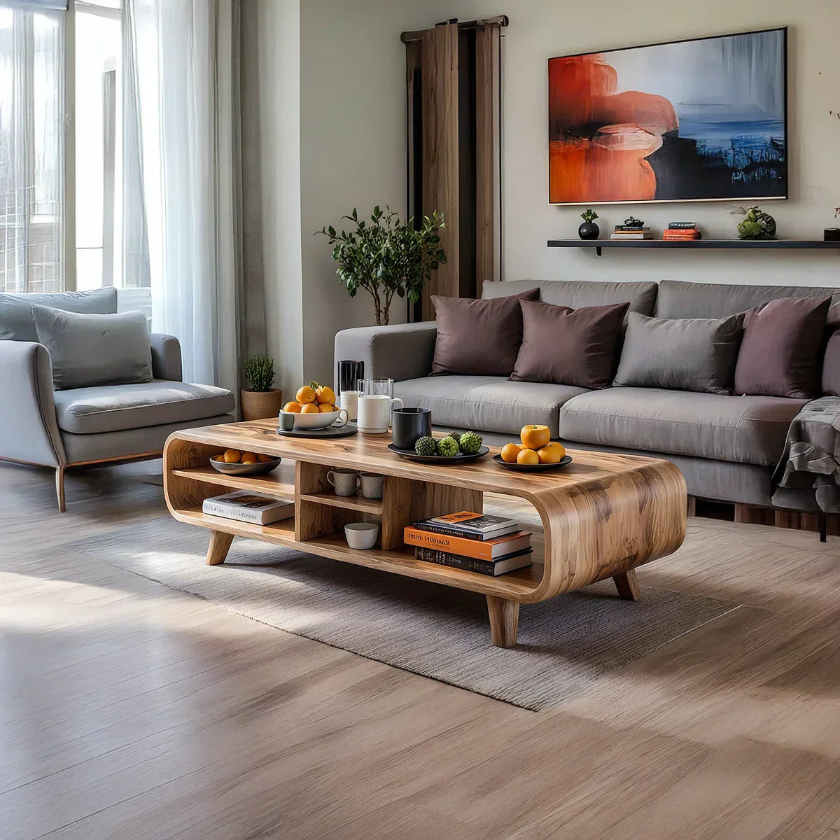 Solid Wood Curved Coffee Table with Storage for Living Rooms