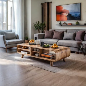Solid Wood Curved Coffee Table with Storage for Living Rooms