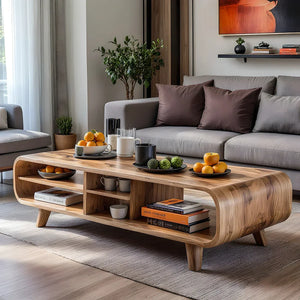 Solid Wood Curved Coffee Table with Storage for Living Rooms