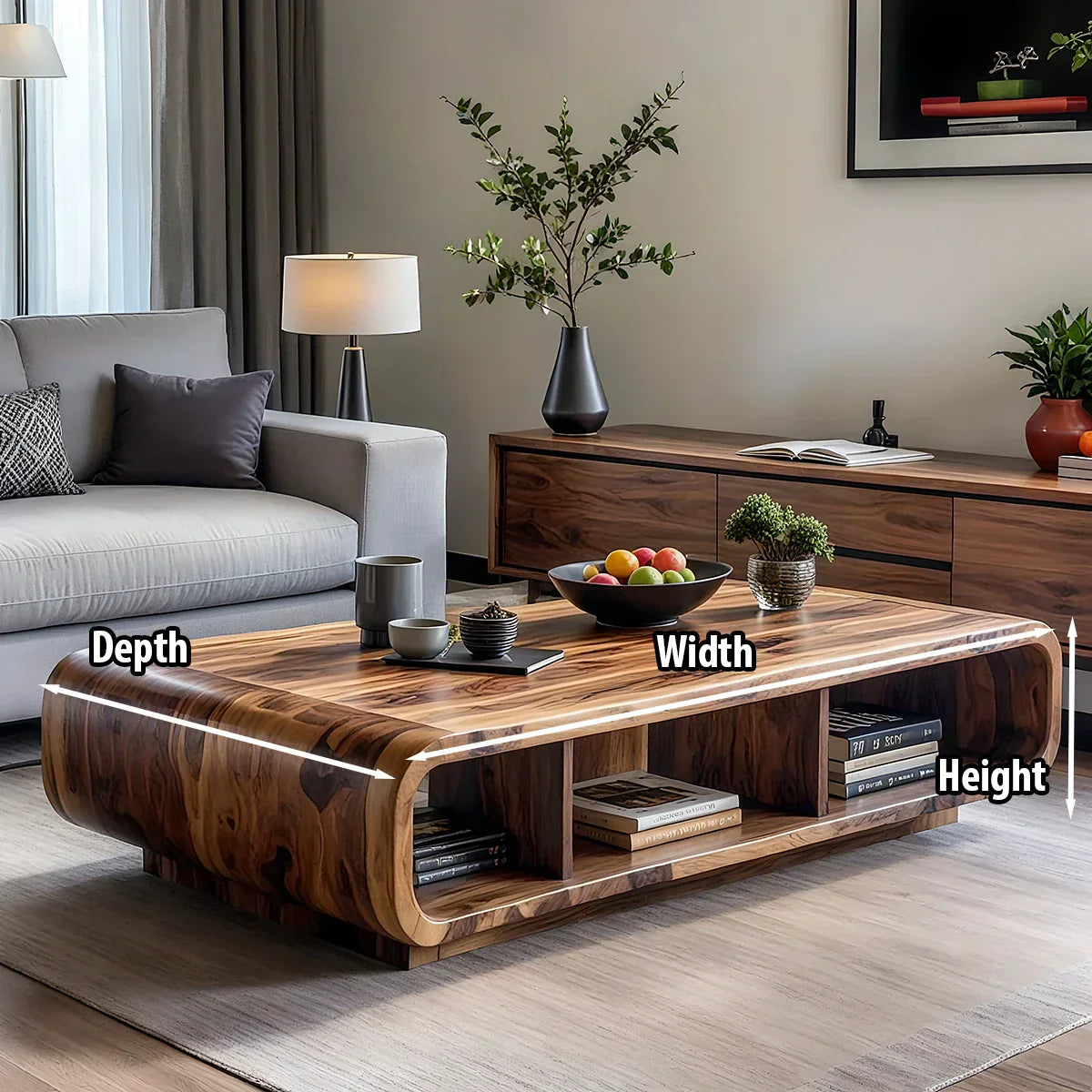 Solid Wood Coffee Table with Curved Storage for Modern Living Rooms