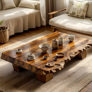 Low Solid-Wood Coffee Table with Textured Edge for Tea Lounges