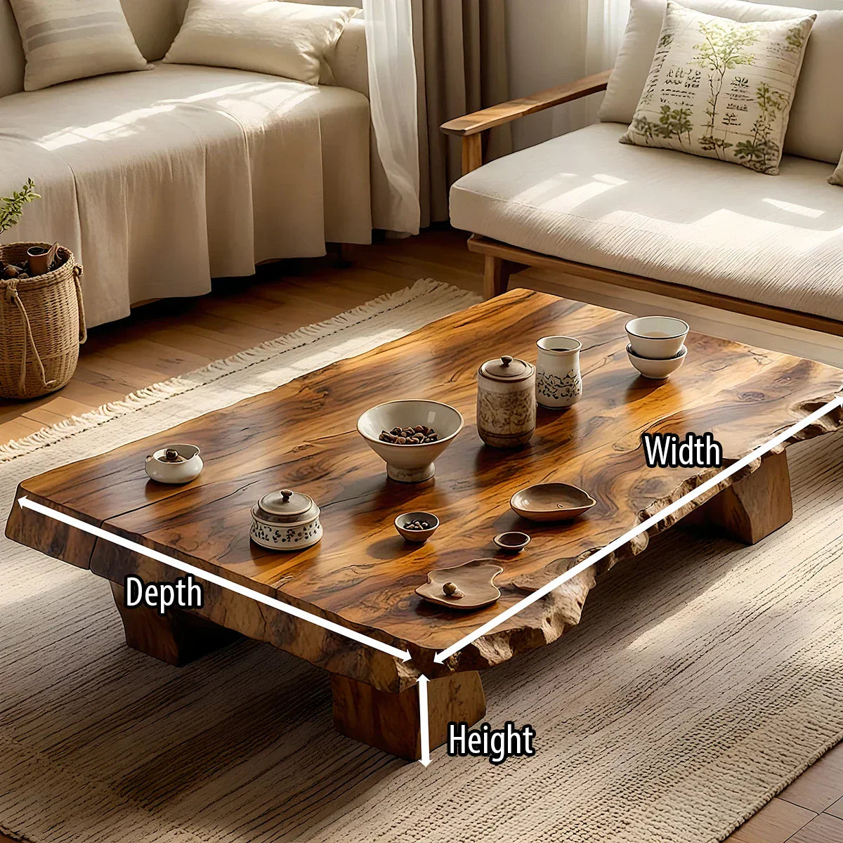 Low Solid-Wood Coffee Table with Textured Edge for Tea Lounges