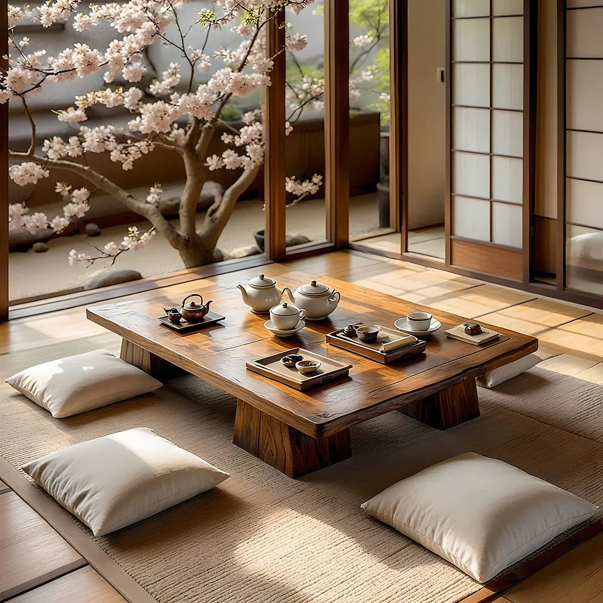 Solid Wood Japanese Tea Table for Zen Tatami Rooms