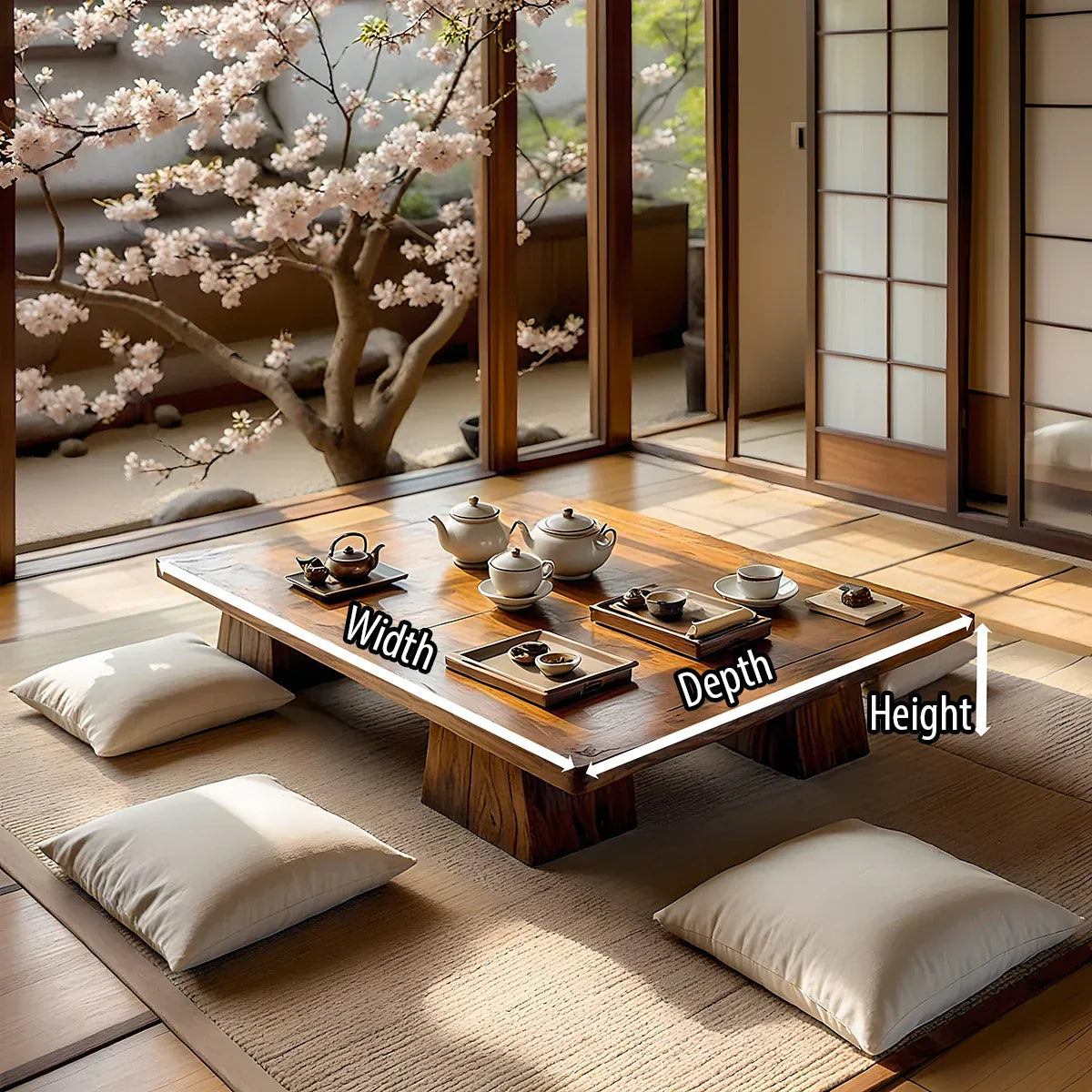 Solid Wood Japanese Tea Table for Zen Tatami Rooms