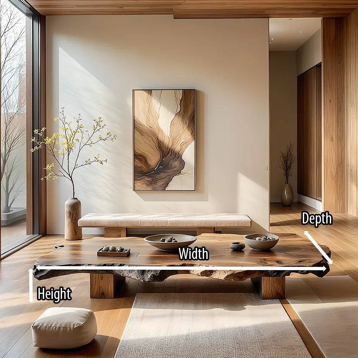 Low Live-Edge Solid-Wood Table for Minimalist Tea Lounges