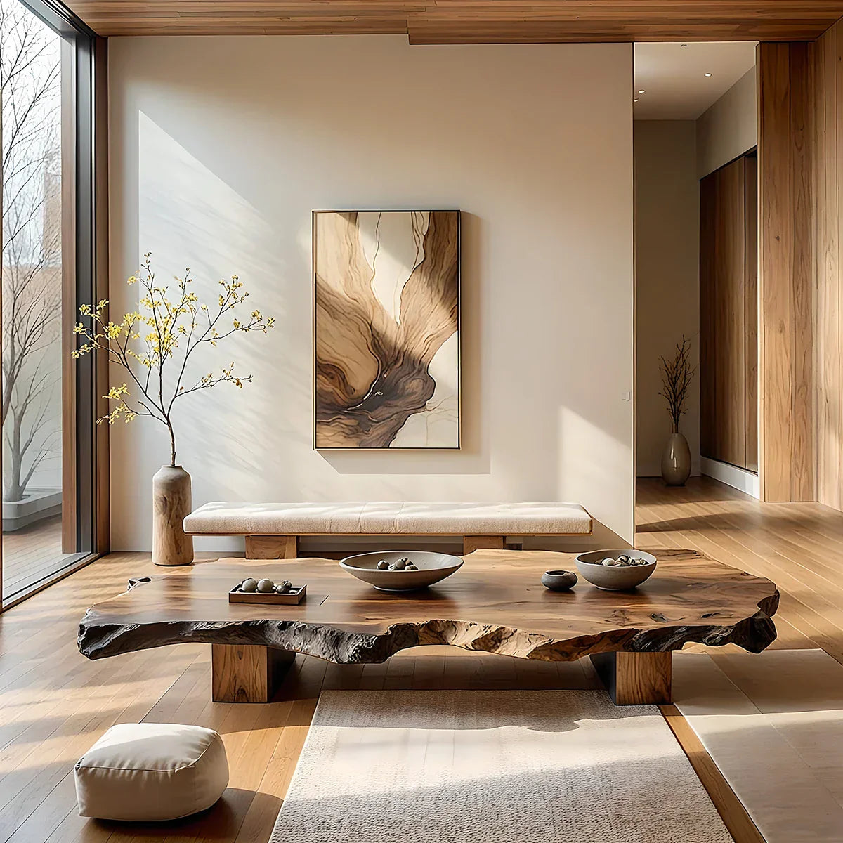 Low Live-Edge Solid-Wood Table for Minimalist Tea Lounges