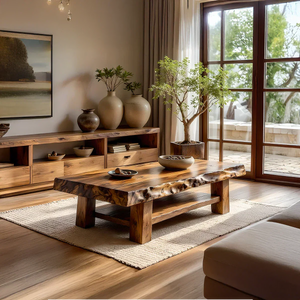 Live-Edge Solid Wood Coffee Table with Lower Shelf