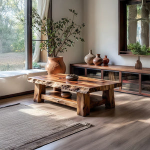 Solid Wood Coffee Table with Live Edge Top and Shelf for Living Room