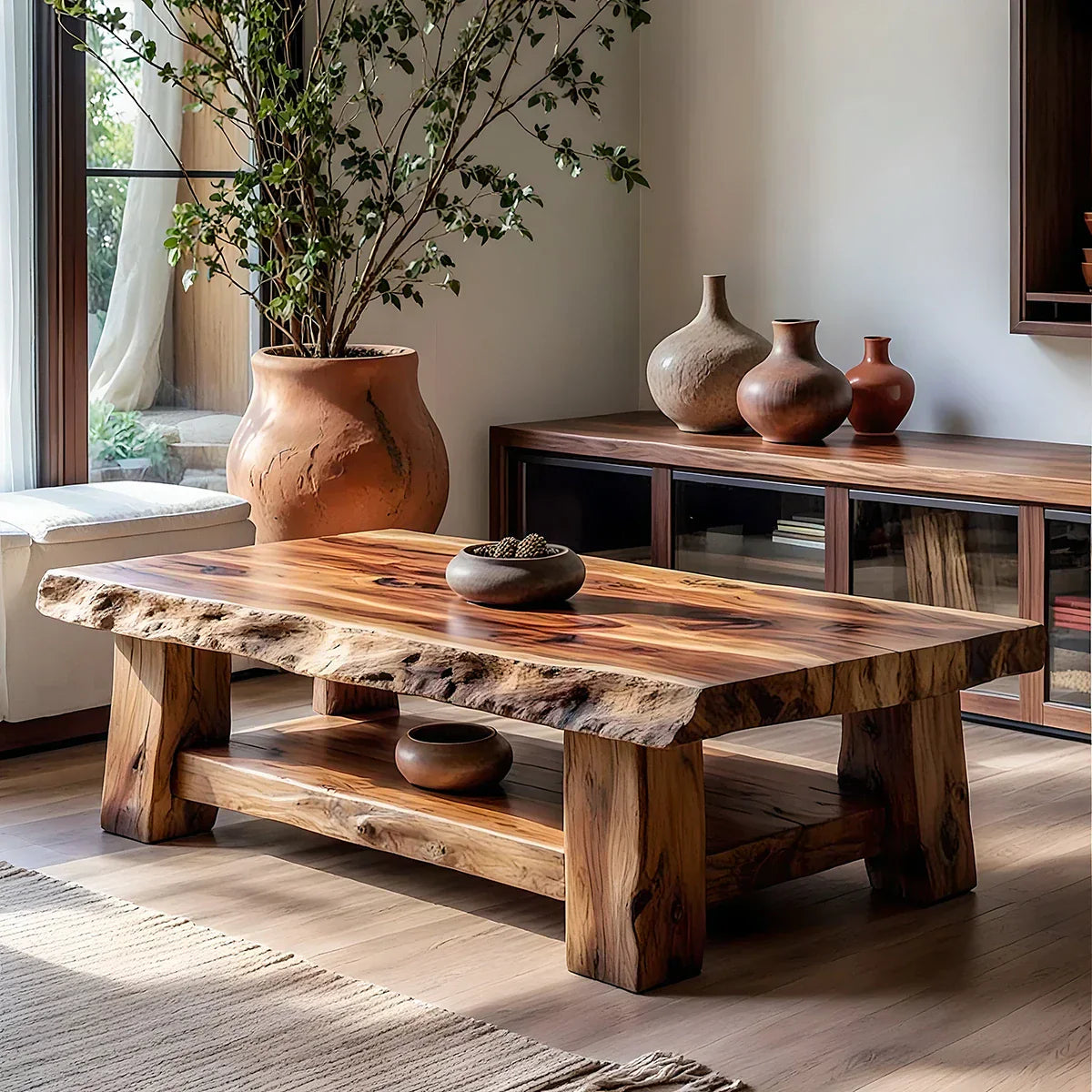 Solid Wood Coffee Table with Live Edge Top and Shelf for Living Room