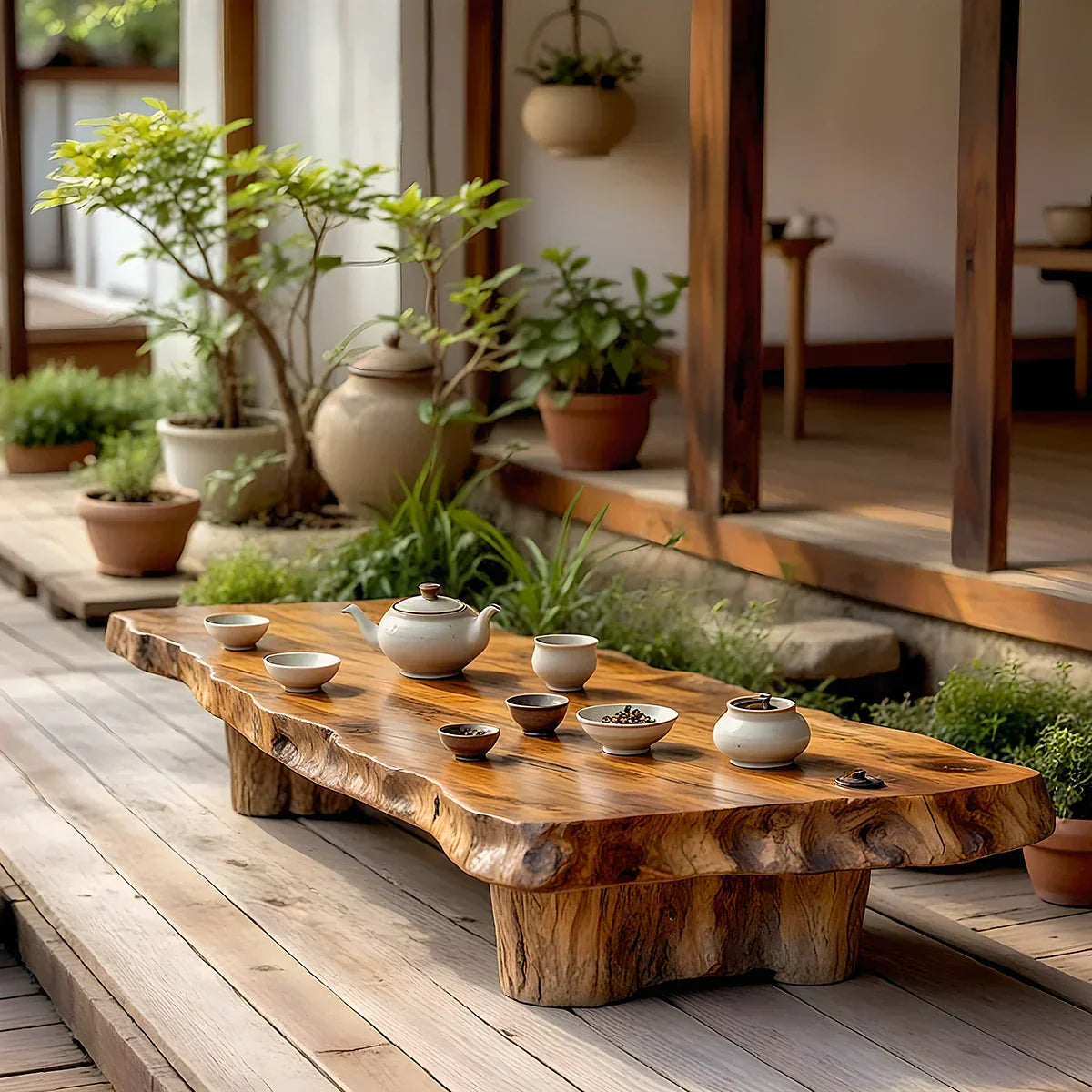 Live Edge Solid Wood Tea Table for Garden Terrace