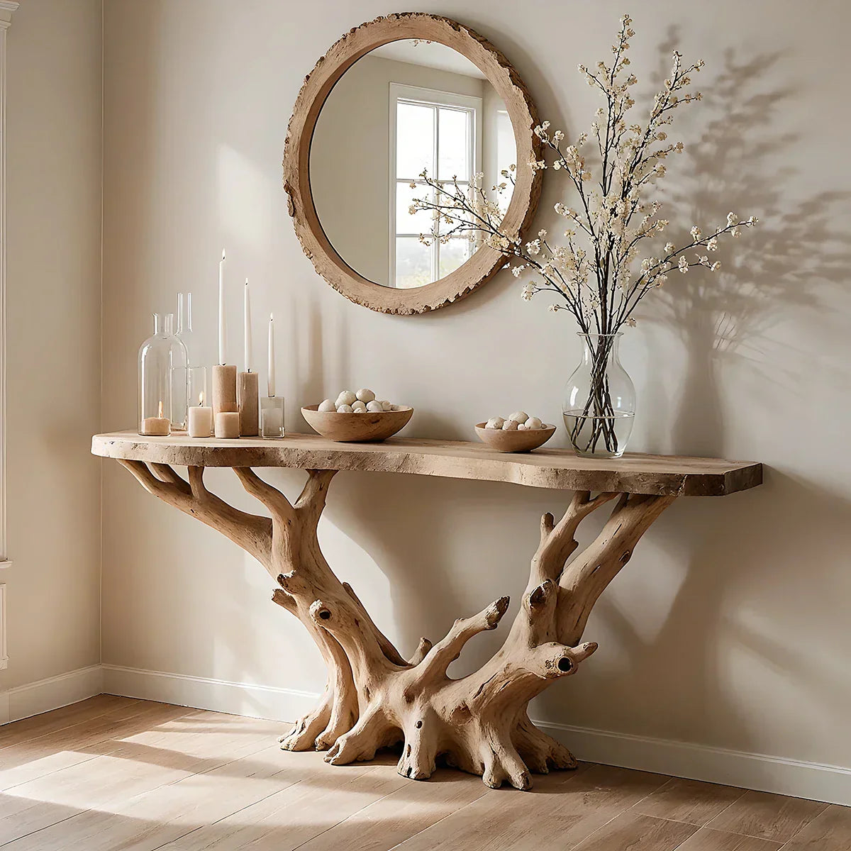 Natural Solid Wood Branch Console Table for Organic Entryway