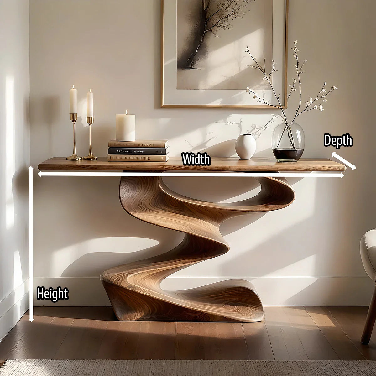 Sculpted Wave Solid Wood Console Table with Organic Pedestal Base