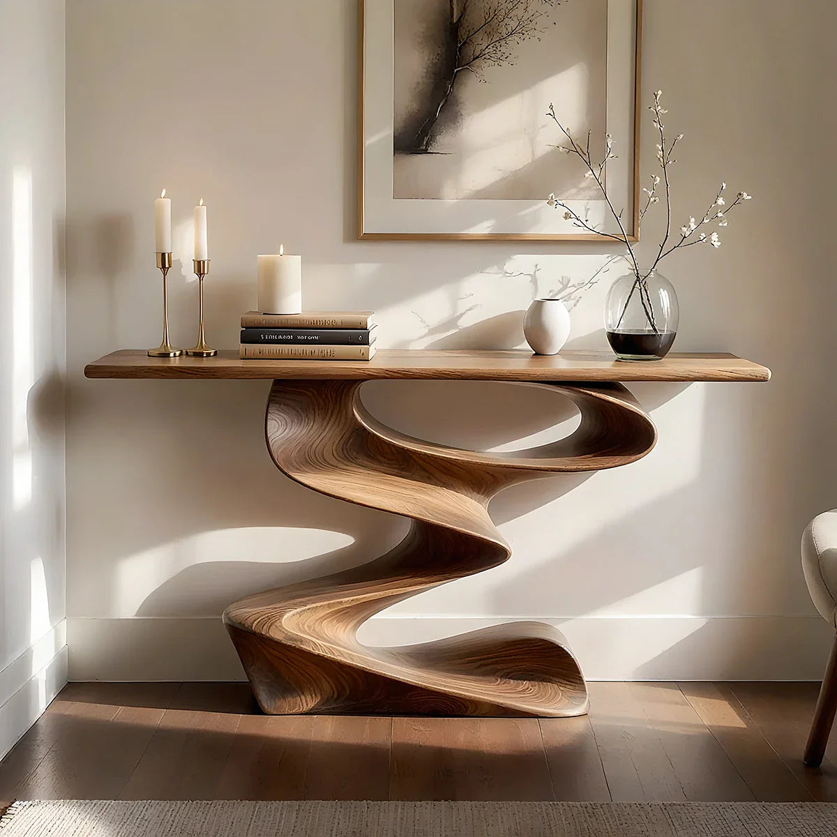 Sculpted Wave Solid Wood Console Table with Organic Pedestal Base