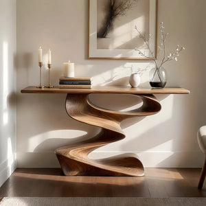 Sculpted Wave Solid Wood Console Table with Organic Pedestal Base
