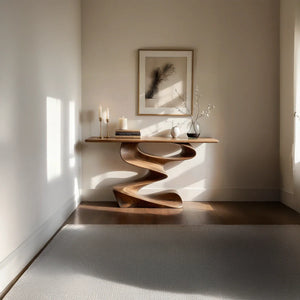 Sculpted Wave Solid Wood Console Table with Organic Pedestal Base