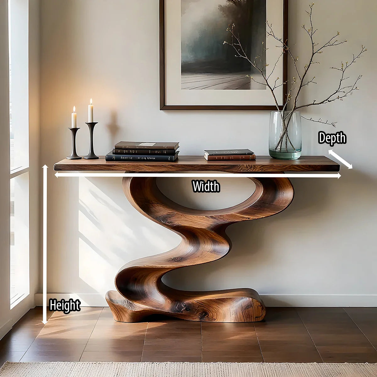 Organic Curved Solid Wood Console Table with Sculptural Z Base