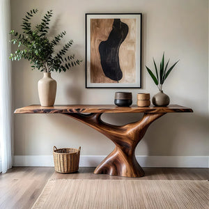 Sculptural Solid Wood Console Table with Organic Pedestal Base