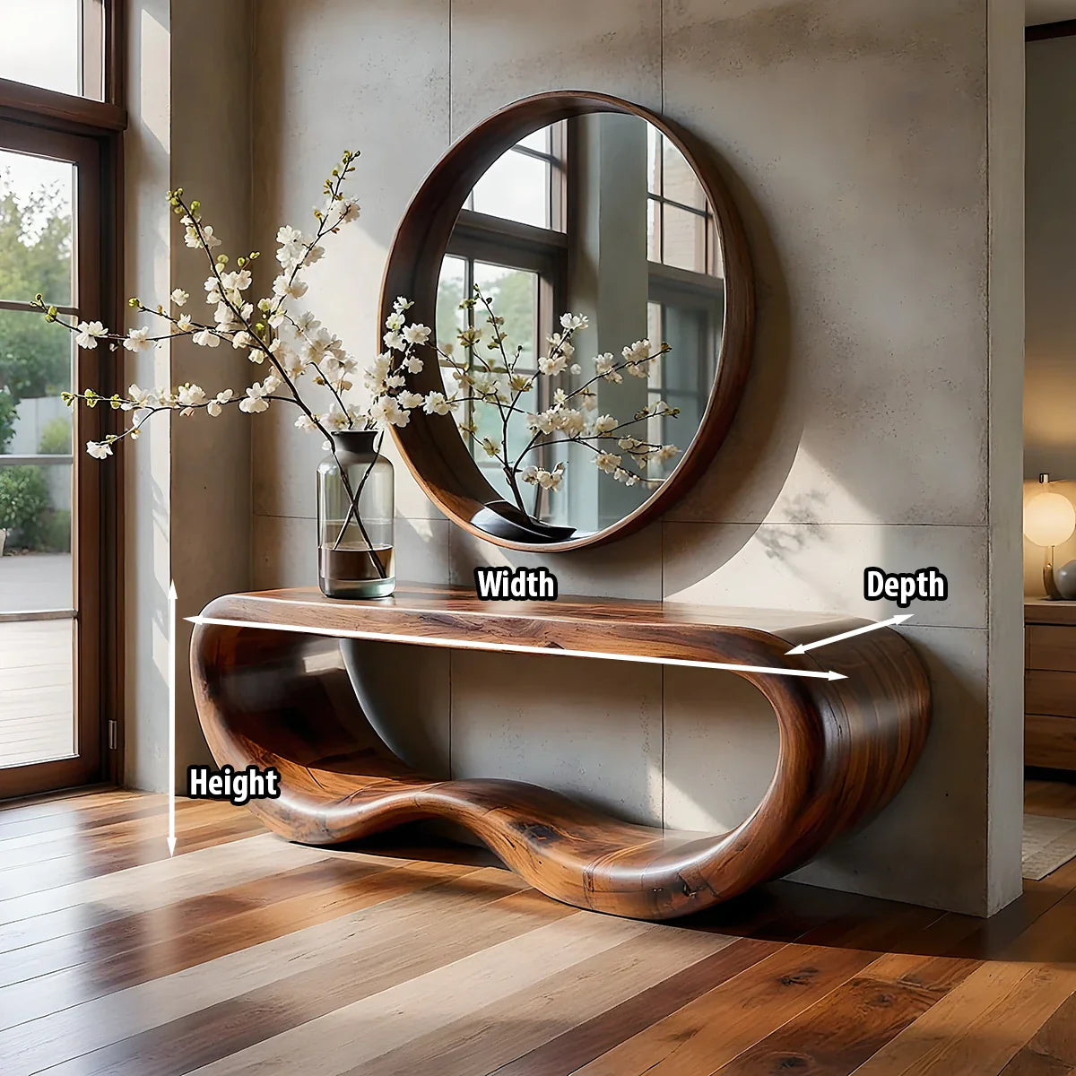 Floating Sculptural Solid Wood Console Table with Curved Loop Design