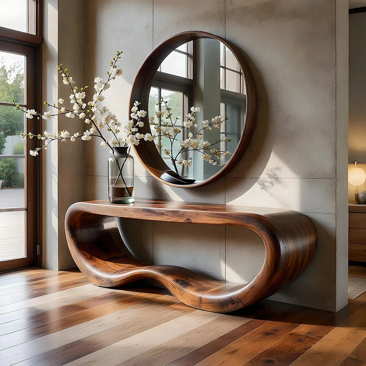 Floating Sculptural Solid Wood Console Table with Curved Loop Design