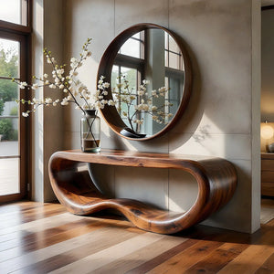 Floating Sculptural Solid Wood Console Table with Curved Loop Design