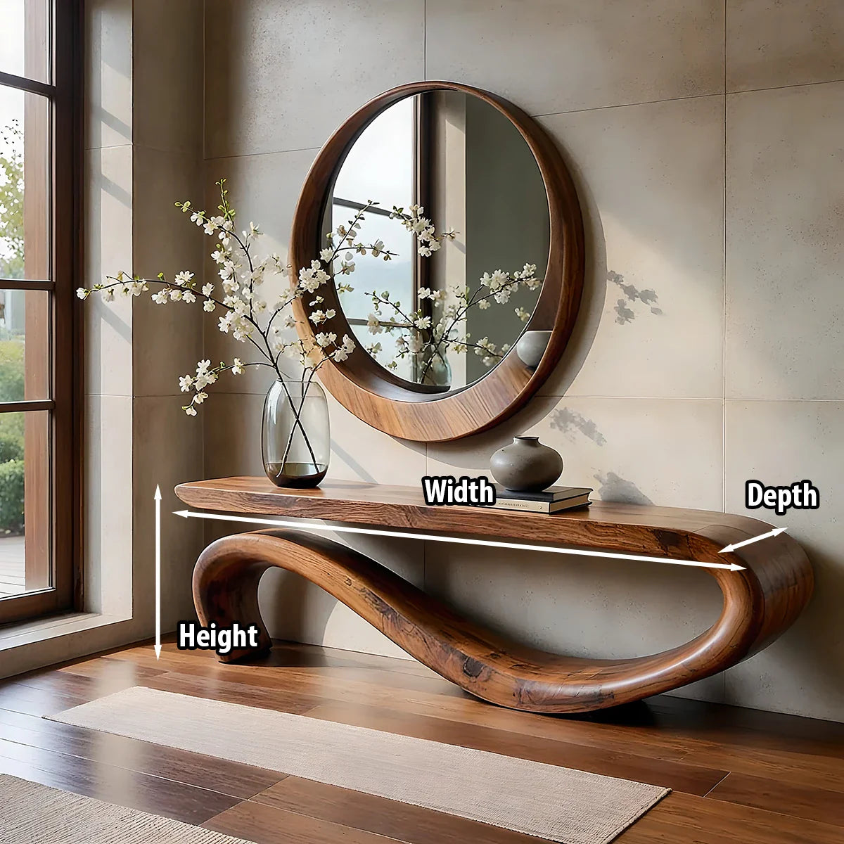 Handcrafted Organic Solid Wood Console Table with Flowing Loop Base